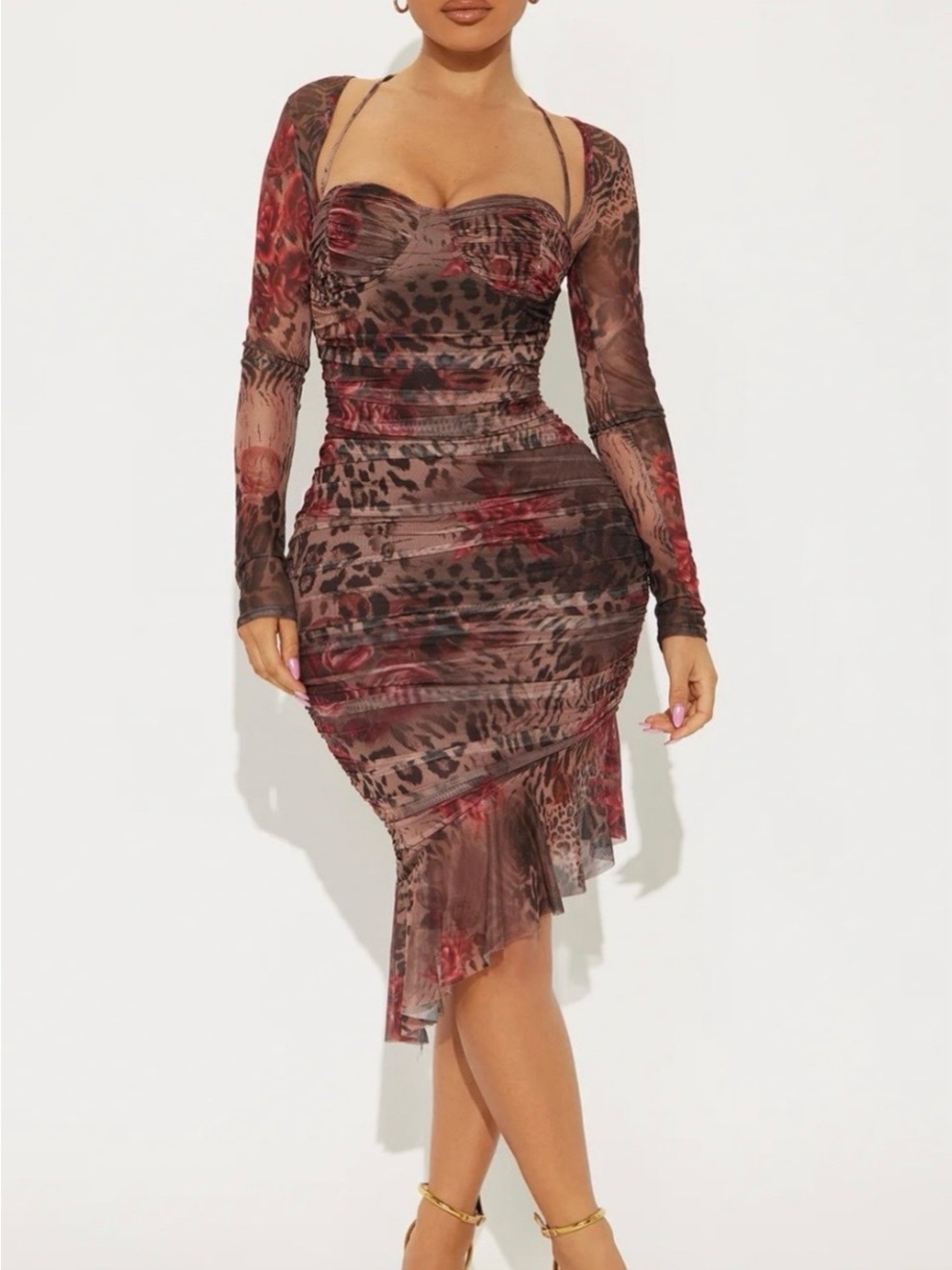 Leopard-Print  Pinup Ruched Long Sleeve Midi Glam Fashion Nova Dress